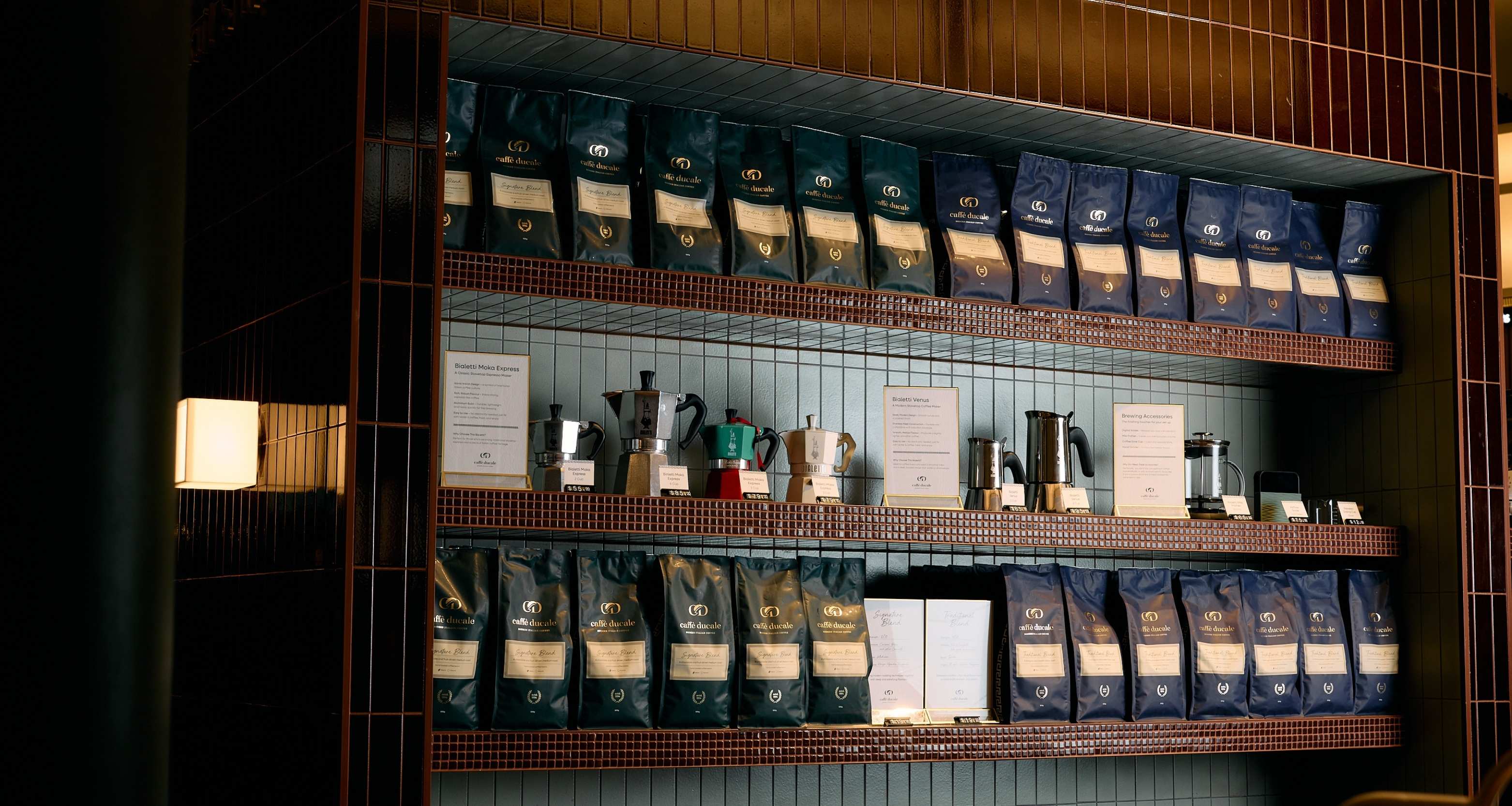 coffee bags and brewing on shelves